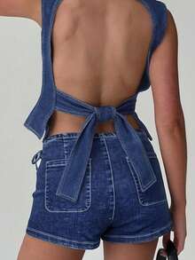 GILIPUR Y2K 女士内置短裤系带牛仔裙，时尚休闲复古水洗，街头风 - 藍色 - 查看 2