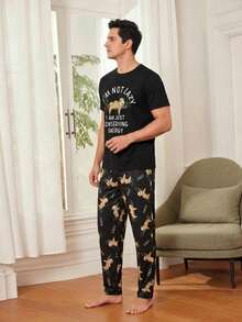 Men's Sloth Cartoon Print Pajama Set, Short Sleeve Top And Long Pants, Casual Homewear 2-Piece Set With Funny Letter Pattern - Black - View 3