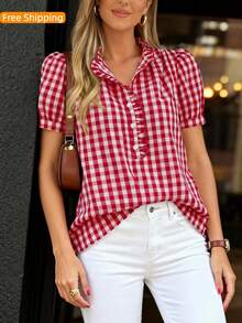 Puff Sleeve Striped Ruffle Blouse V Neck Button Front Summer Top Chic Casual Work Office Outfit For Women - 紅色格子 - 查看 3