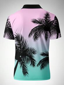 Polo de manga corta con estampado digital de árboles de palma degradado para hombres en verano - Multicolor - Ver 3