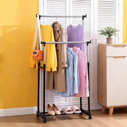 Beweglicher Doppelstangen Bodentrockner / Verstellbares teleskopisches Design / Alles-in-einem Kleider-, Hut- und Schuhständer für Schlafzimmer und Wohnzimmer