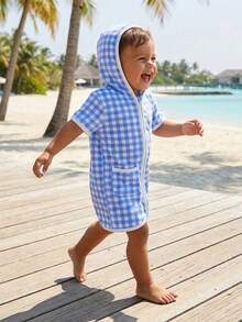 Girls Boys Gingham Hooded Terry Coverups Kid One Piece Swimsuits Summer Zip Up Short Sleeve Ruffle Swim Cover Up Beachwear - 藍色 - 查看 3