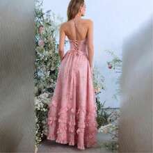 Elegant Pink Floral Cami Midi Dress For Women, Sleeveless Spaghetti Strap Gown With Slit And Ruffles, Perfect For Summer Formal Events And Bridesmaid Attire - Màu Hồng baby - Xem 2