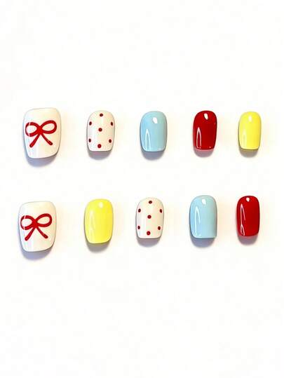10pcs Pure Handmade Press On Nails Short Nails Square Nails The Main Colors Are Cream White, Pale Yellow, Light Blue And Bright Red, With Polka Dots And Bows As Accents, Presenting A Lively And Energetic Atmosphere.Gentle Elegant Cute Nails For Ladies And Girls Spring Summer Fall Winter Festivals Parties And Daily Life Use