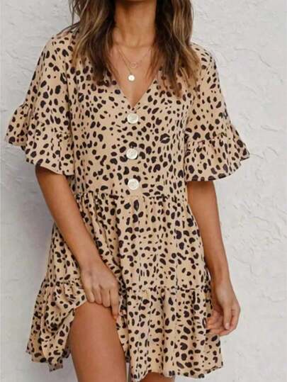 Spring & Summer Leopard Print Polyester Lightweight Digital Printed Polka Dot V-Neck Casual Elegant Dress For Women