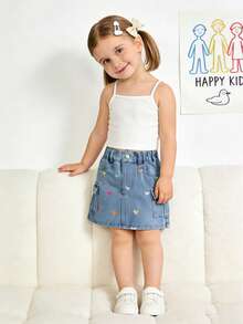 Falda cargo de mezclilla lavada con bordado asimétrico de corazón para niñas - Azul - Ver 4