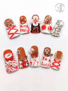 10 piezas de arte de uñas portátil hecho a mano, uñas con forma de almendra/pico de pato de 33 mm de largo, en colores nude, blanco y rojo, con pétalos blancos en relieve 3D, incrustaciones de rhinestone, labios rojos en relieve 3D, decoración de lazo plateado, lunares rojos, acentos negros, amuleto de la suerte. Joyería de uñas personalizada. - Multicolor - Ver 1