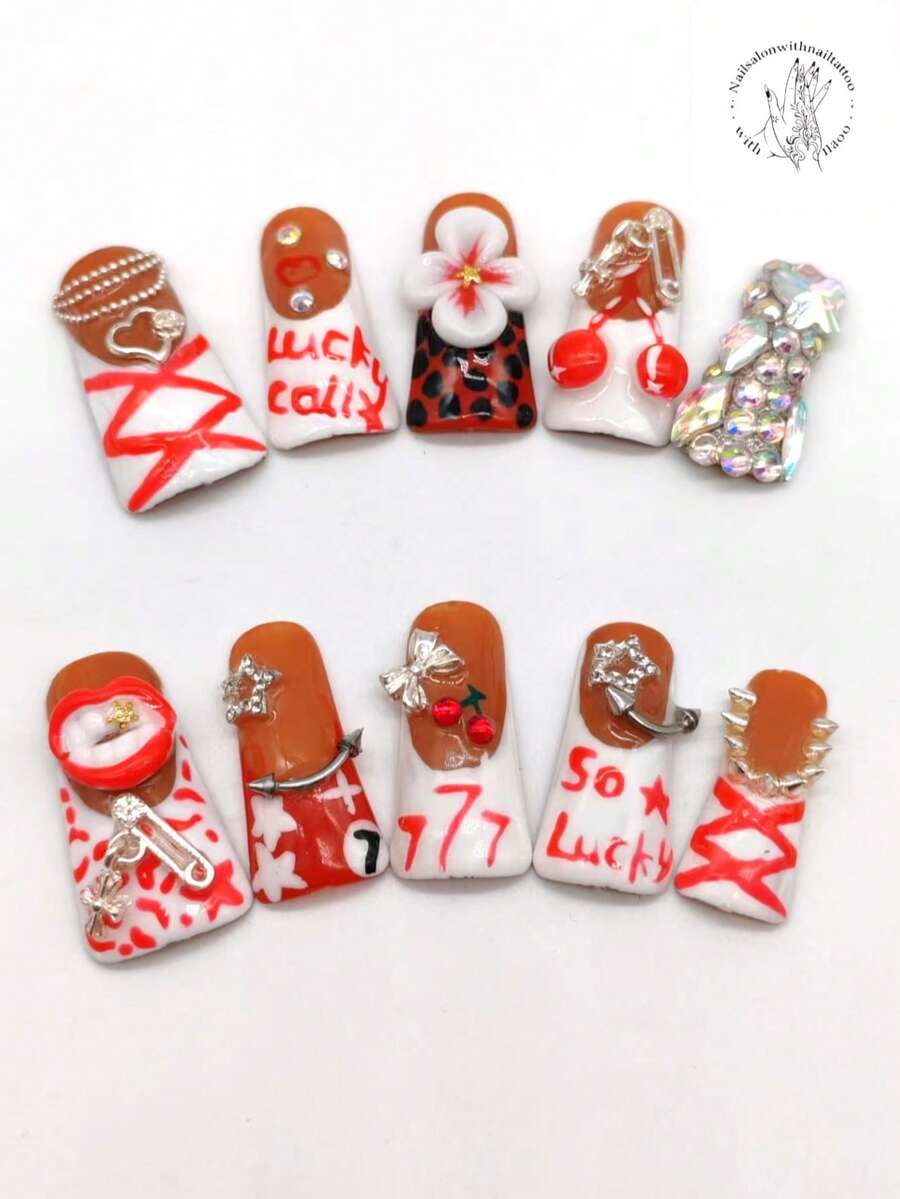 10 piezas de arte de uñas portátil hecho a mano, uñas con forma de almendra/pico de pato de 33 mm de largo, en colores nude, blanco y rojo, con pétalos blancos en relieve 3D, incrustaciones de rhinestone, labios rojos en relieve 3D, decoración de lazo plateado, lunares rojos, acentos negros, amuleto de la suerte. Joyería de uñas personalizada. - Multicolor - Ver 1