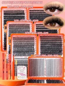 800/740/720 DIY仿貂毛假睫毛，C/D卷度，10D+20D+30D+40D/50D+60D+80D+100D/80D+100D+120D+150D，手工制作，可重复使用，蓬松浓密单根假睫毛套装，轻盈美睫，浓密型假睫毛，隐形眼镜佩戴者适用 - 亮橙色 - 查看 2