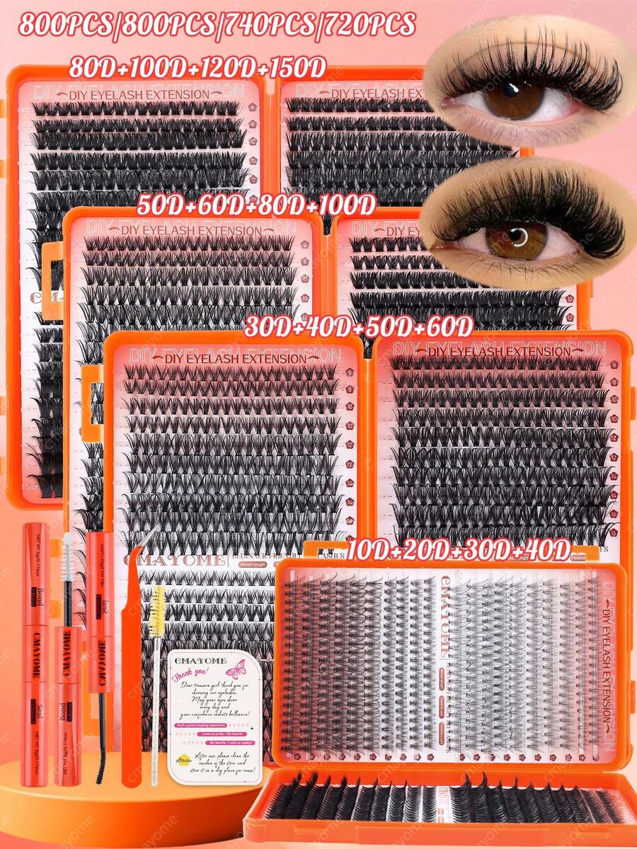 800/740/720 DIY仿貂毛假睫毛，C/D卷度，10D+20D+30D+40D/50D+60D+80D+100D/80D+100D+120D+150D，手工制作，可重复使用，蓬松浓密单根假睫毛套装，轻盈美睫，浓密型假睫毛，隐形眼镜佩戴者适用