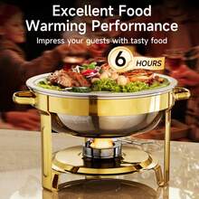 Gold Chafing Dishes For Buffet With Glass Lid (5QT, 1/2/4 Pack), Round Chafer & Warmer Set With Lid Holder, Polished 316 Stainless Steel, Rolled Rim Process, Chafing Dishes For Buffet For Catering Events, Parties, Weddings - Nắp thép mạ vàng nguyên chất 5 lít - 4 - Xem 2