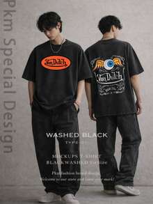 Men Black Washed Cotton Streetwear Brand Street Style 100 Percent Pure Cotton T Shirt Front And Back Print With Vons Dutchs Logo And Eye With Wings Design For Casual Wear Outfits | Front And Back Print | Vintage Heavyweight T Shirt | Perfect Gift | Loose Comfortable Breathable | Machine Washable Fabric | Hip Hop Cool Style | Drippy Clothes | Y2K - 黑色 - 查看 3