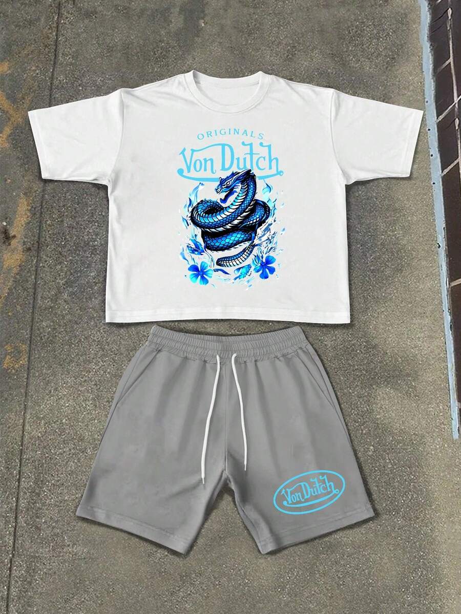 2pcs Men Creative Short Sleeve Print T-Shirt & Shorts Set Blue Dragon And Flower Pattern With Vons Dutch Text Casual Wear Soft Fabric Breathable Print T-Shirt & Shorts Set - 白色和灰色 - 查看 1