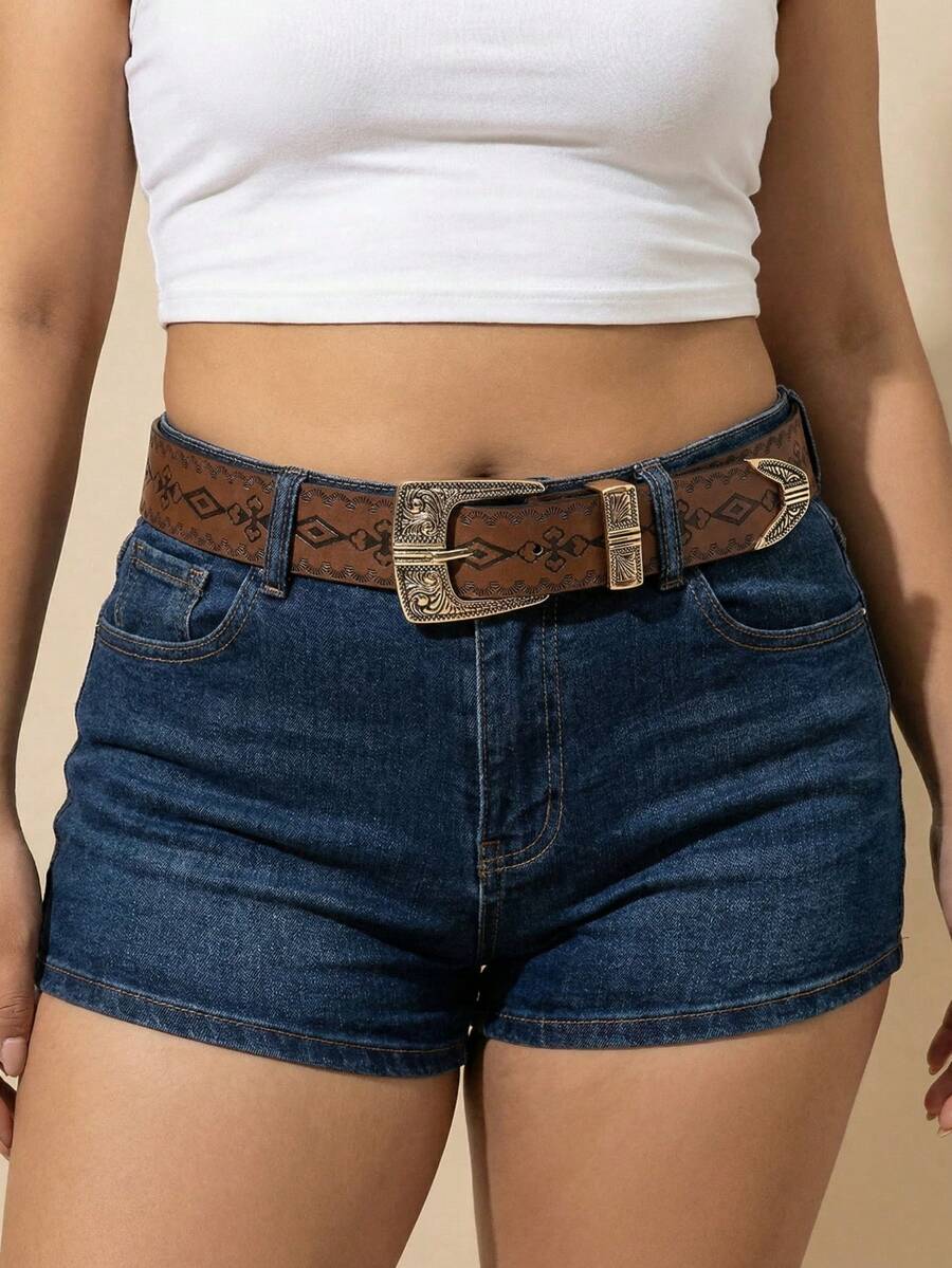 Bộ 3 chiếc thắt lưng da PU kiểu phương Tây cổ điển họa tiết hoa, tối giản và đa năng.