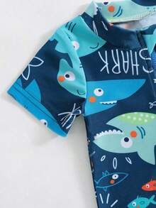 全新婴儿及幼儿连体动物印花泳衣，男童速干泳衣，夏季潜水服，防晒 - 藍色 - 查看 3