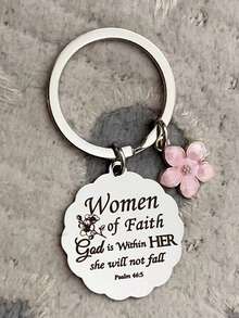 Christian Mother's Day Gift: Women's Keychain, Church Theme, Religious Style, Wholesale, Wavy Edge With Enamel Cherry Blossom Pattern - "Woman Of Faith" Slogan, Casual, Party, Cute, Street, Elegant, Zinc Alloy, Mother's Day Gifts For Mother, Father, Graduation, And Teacher - Silver - View 9