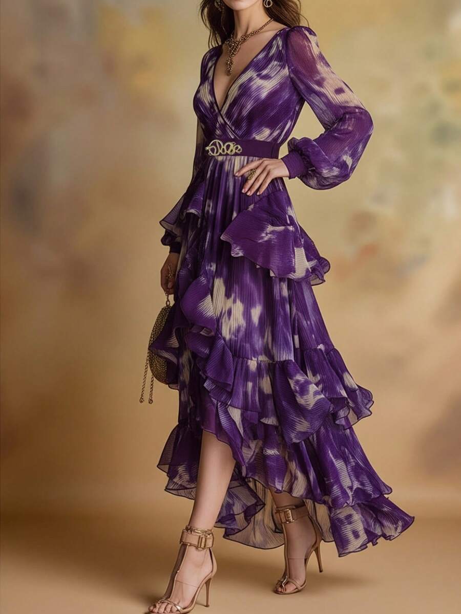 Plus Size Women's Elegant Vintage Purple & White Ombre Tie-Dye Print Maxi Dress With Deep V-Neck, Long Puff Sleeves, Decorative Metal Buckle Waist Belt, Layered Ruffled High-Low Irregular Hem, Lightweight Breathable Chiffon Fabric, Sophisticated Romantic Style, Perfect For Gala Dinners, Cocktail Parties, Art Gallery Exhibitions, Holiday Getaways, Wedding Guest Attire, Romantic Date Nights & Special Occasions, Curvy Friendly Flowy Evening Gown For Curvy Ladies To Showcase Timeless Elegance - [多色的] - 查看 1