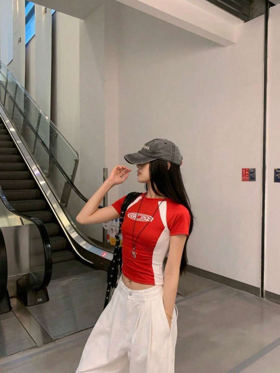 女士夏季字母印花撞色圆领短袖修身露脐T恤 休闲红色 - 紅色 - 查看 1