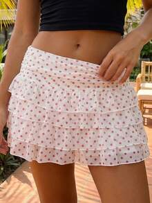 Women's Summer Mini Skirt Casual Stylish Dot Print Layered Ruffled Mid Rise Short Skirt - Pink - View 3