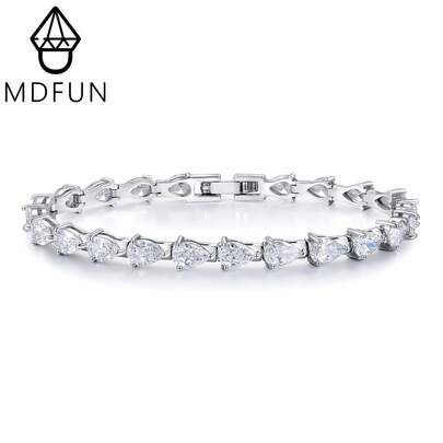 MDFUN 18K White Gold Plated Classic Tennis Bracelet | 4x6mm Pear Cut White Cubic Zirconia Stones | Luxury Chic Jewelry For Everyday