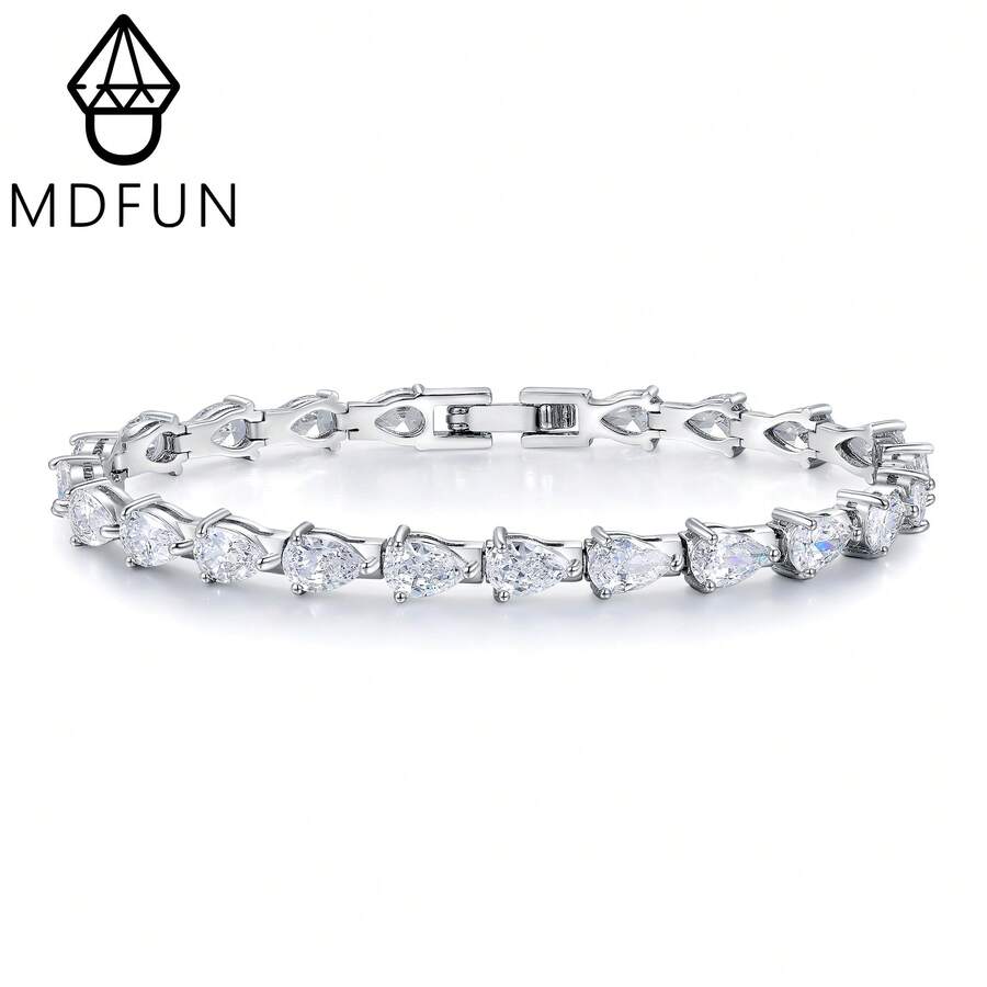 MDFUN Vòng tay tennis cổ điển mạ vàng trắng 18K | Đá Cubic Zirconia trắng hình giọt nước 4x6mm | Trang sức thời trang cao cấp đeo hàng ngày - Xem 1