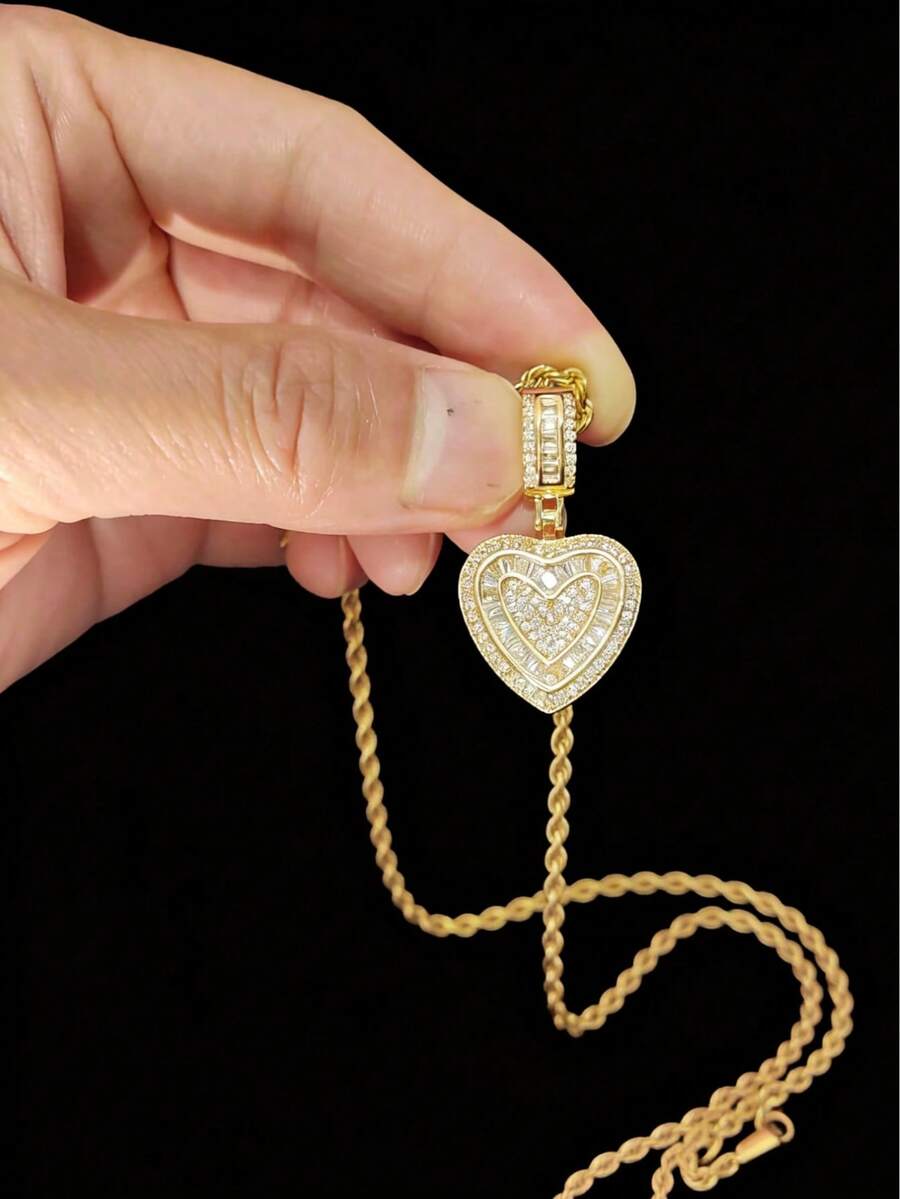1pc Cubic Zirconia Heart Shaped Pendant On 1pc Stainless Steel Snake Chain Necklace, Hip-Hop Retro Pendant Necklace For Women, Suitable For Daily Wear Or Parties, Mother's Day, Valentine's Day Gift - Vàng - Xem 1