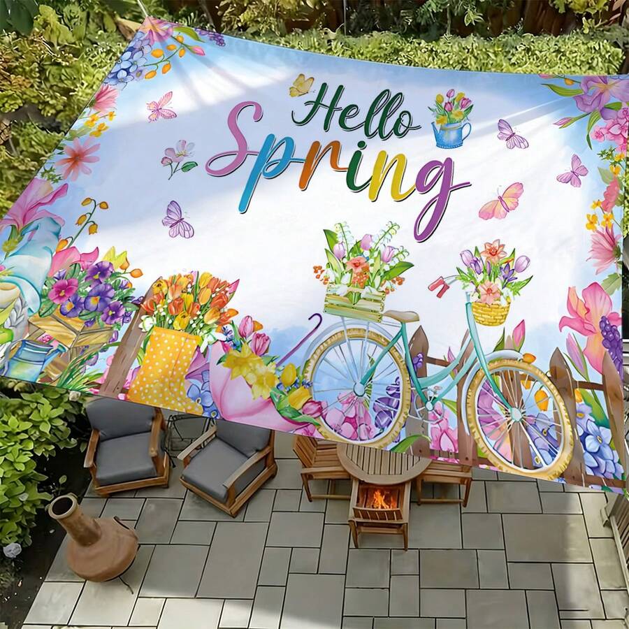 1 pieza Toldo con estampado de primavera "Hola" (Poste no incluido), Escenario vibrante de primavera, Adecuado para playa, camping, jardín, picnic - B - Ver 1