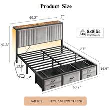 EnHomee Bed Frame With 5 Storage Drawers & Storage Headboard With Outlets, Upholstered Velvet Bed Frame With LED Lights & Charging Station, NO Noise, Easy Assembly, Camas, Grey - 灰色 - 查看 9