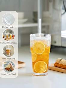 1pc 20oz Striped Glass Cup With Lid And Glass Straw - Vintage Iced Coffee Cup, Reusable Smoothie And Cocktail Drinking Cup, Clear Glassware For Home Or Cafe Use - Multicolor - View 3
