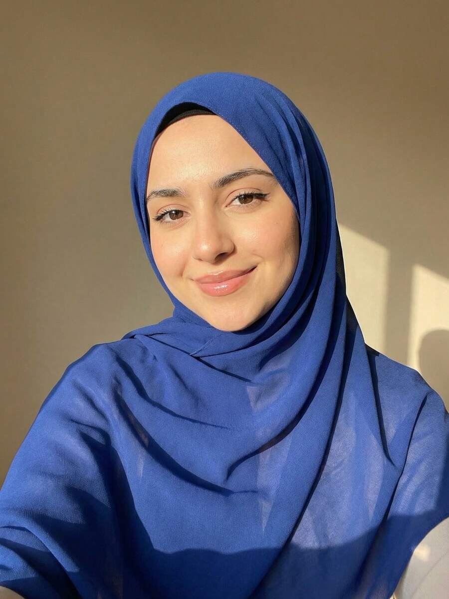 1pc Women's Solid Color Pearl Chiffon Headscarf, Arabic Style Casual Long Scarf, Suitable For Daily Use - Blue - View 1