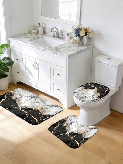 Bộ 1/3 thảm phòng tắm cao cấp hiện đại họa tiết giả đá cẩm thạch đen trắng, chất liệu vải nỉ mềm mại, thấm hút tốt và chống trơn trượt, bao gồm cả tấm phủ nắp bồn cầu, thảm chữ U cho bồn cầu và thảm trải sàn phòng tắm - Chất liệu nỉ + polyester, có thể giặt, thích hợp cho khu vực tắm vòi sen, khu vực trang điểm, lối vào phòng khách, sử dụng trong nhà, thảm trang trí phòng tắm, thảm đa năng, thảm bền bỉ bốn mùa, thảm trang trí phòng tắm giúp tăng thêm vẻ sang trọng cho không gian phòng tắm của bạn.