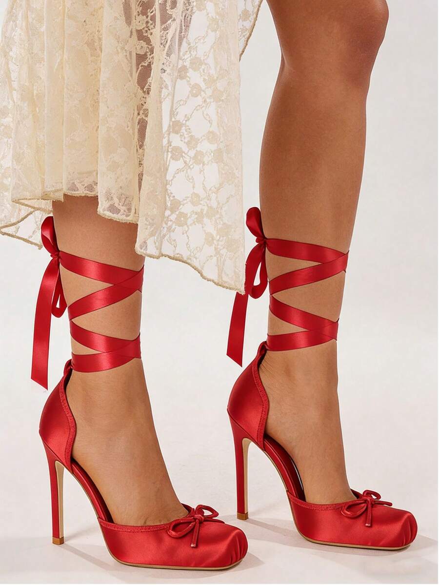 Red Ballet Shoes Bow Dress Party Square Toe Women Satin Ballerina Stiletto High Heel Mary Jane Pumps Lace Up Wedding Sexy Elegant Pumps - 紅色 - 查看 1