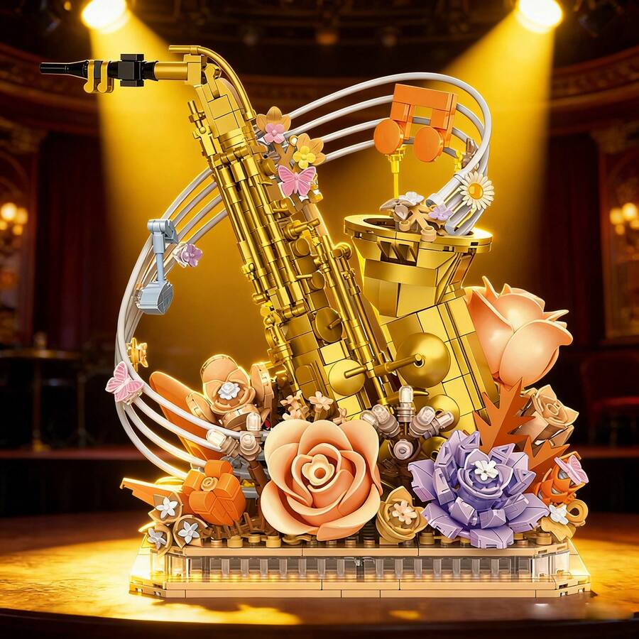 High-Quality Saxophone Building Blocks, Handmade DIY Assembly Model, Vintage Artistic Home Decor, Adult Puzzle Building Blocks Saxophone Instrument Flower Bouquet, Delicate Collectible Desktop Art Piece - Multicolor - View 1