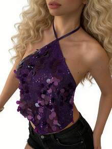 Women's Elegant Solid Color Fashioanble Sequin Halter Neck Crop Tank Tops Sparkly Sleeveless Backless Asymmertical Slim Fitted Tops Streetwear Going Out Night Out Y2k Festival Concert Dance Wear Vacation Outfits Women, Summer Outfits For Women - 紫色 - 查看 2