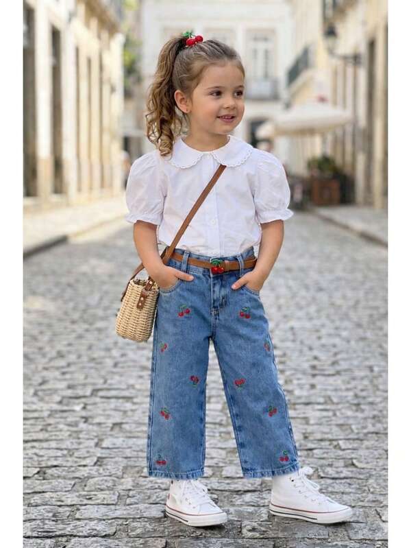 Calça Jeans de Menina Bebê Recém Nascida Infantil 01 até 08 anos Blogueirinha Bordada Fofinha Denim em Algodão
