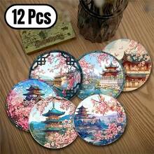 2D FLAT 6pcs/Set Japanese Cherry Blossom & Landscape Wooden Coasters - 10cm, 3/5mm Thick, Perfect For Tea, Coffee & Beverages - Ideal Home Decor Housewarming Gift, Decorate Bedroom, Living Room, Kitchen, Garden, Office, Gift For Parents & Friends, Available In 1 Set, 2 Sets Or 31 Sets, Father's Day Gift - Multicolor - View 10