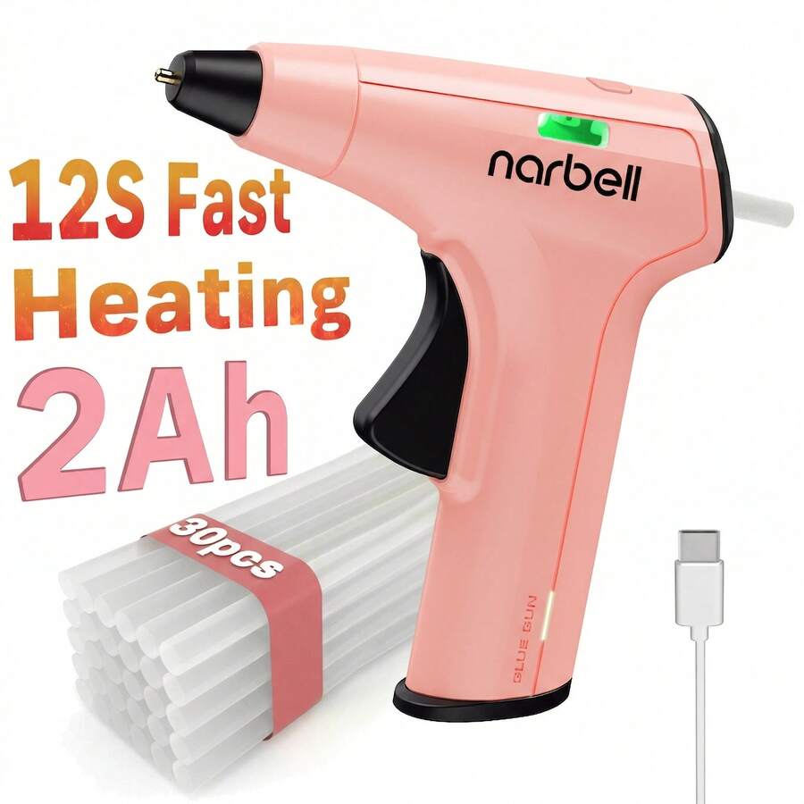 Narbell 4V Wireless Hot Glue Gun, 12s Fast Preheating, Type-C Charging, 2000mAh Battery, 7mm*30 Glue Sticks, Smart Auto-Off, Suitable For DIY/Crafts/Repair