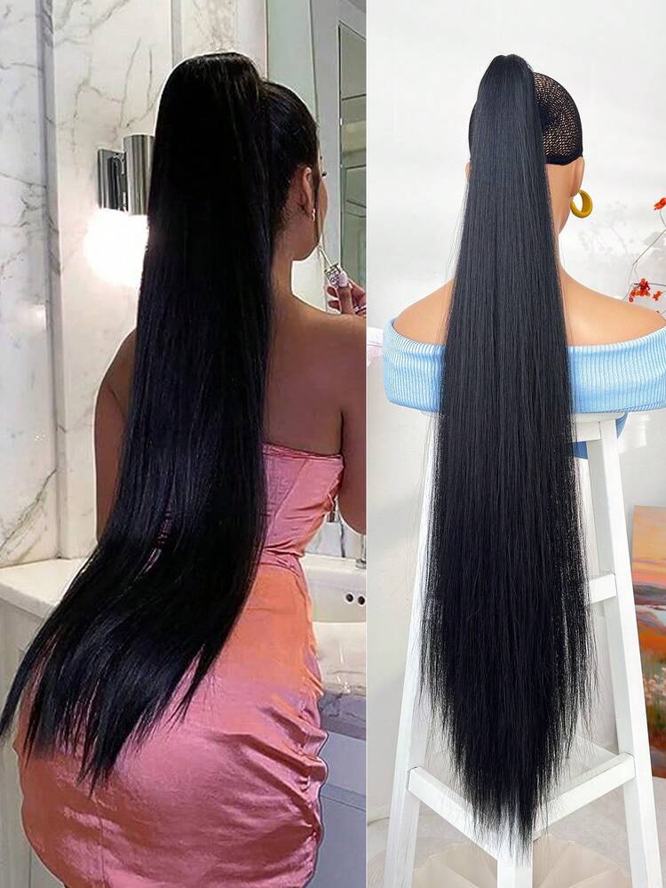 HEYPINK Extensión de cola de caballo sintética de 38 pulgadas de largo extra, ombre de marrón a burdeos negro, accesorio de cabello con pinza para mujer adecuado para fiestas y uso diario - Dark Brown - Añade 17