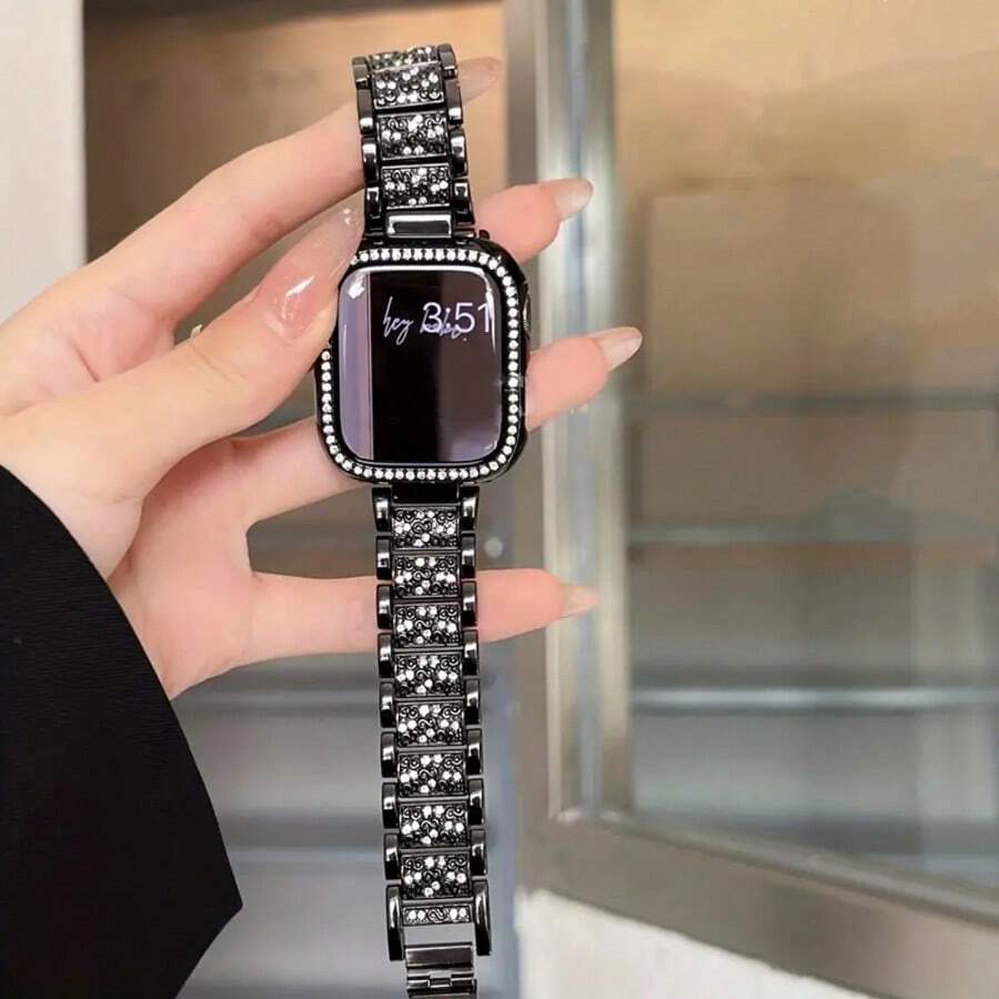 1 dây đeo tương thích, unisex, dây kim loại đen bóng thời trang, tương thích với Apple Watch 38mm 40mm 41mm 42mm 45mm 46mm 49mm, Series 10/9/8/7/6/5/4/3/2/1/SE/Ultra, dây đeo có thể điều chỉnh, dây kim loại thép không gỉ đính kim cương.