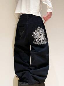 1pc Hearty Haven Men's Embroidered Wide-Leg Casual Pants, Loose Comfortable College Style Streetwear, Suitable For All Seasons, Office Wear, No Belt Or Accessories Included - Black - View 3