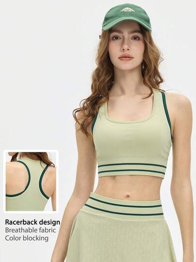 Leorrey 1 pieza Top deportivo sin mangas de mujer con cuello redondo, contraste de color, bajo elástico acanalado y espalda de tirantes