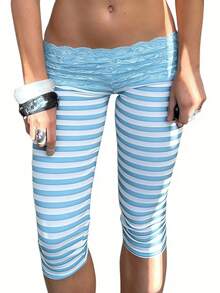 Lace Lettuce Trim Mid Waist Capri Leggings For Women Stripe Elastic Waist Ruffles Hem Tight Slim Fit Cropped Pants Coquette Leggings - 藍色 - 查看 4