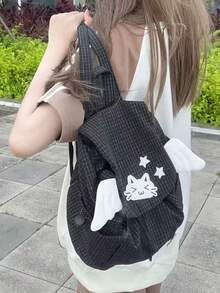 格子天使翅膀双肩包，多功能通勤包，适合日常出行，时尚女大学生背包，可爱轻便的返校季书包 - 黑色 - 查看 2