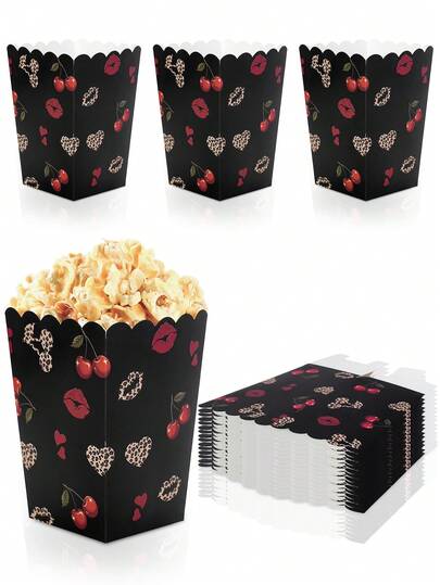 10pcs/20pcs/30pcs Cherry Leopard Print Popcorn Boxes - 2.2x2.87x4.2inch Black Disposable Paper Popcorn Containers With Red Lips, Hearts And Cherry Pattern, Scalloped Edge Snack Treat Boxes For Valentine's Day, Bachelorette, Retro Party Favors Men Women