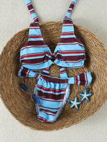 Two Pieces Blue And Red Horizontal Striped Halter-Neck Bikini Set, An Elegant And Casual Swimsuit Set For Summer Beach Vacation Parties - Multicolor - View 2
