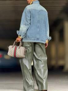 Women's  Oversized Denim Jacket: Metal Asymmetrical Buttons & Stand Collar - Ideal For Daily, Commute, Travel & Outings - Màu xanh lam - Xem 4