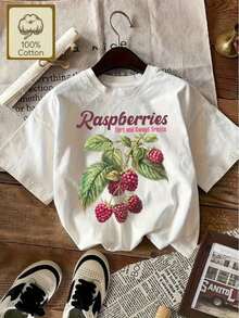 Plus Size - Strawberry Pattern T-Shirt - Fashionable White T-Shirt With A Vibrant Strawberry And Green Leaf Print | Unisex Casual Wear | Soft 100% Cotton Fabric | Suitable For Summer Wear | Unique Strawberry And Dessert Designs | Cospring Outfit, Cotton T-Shirt - 白色 - 查看 1