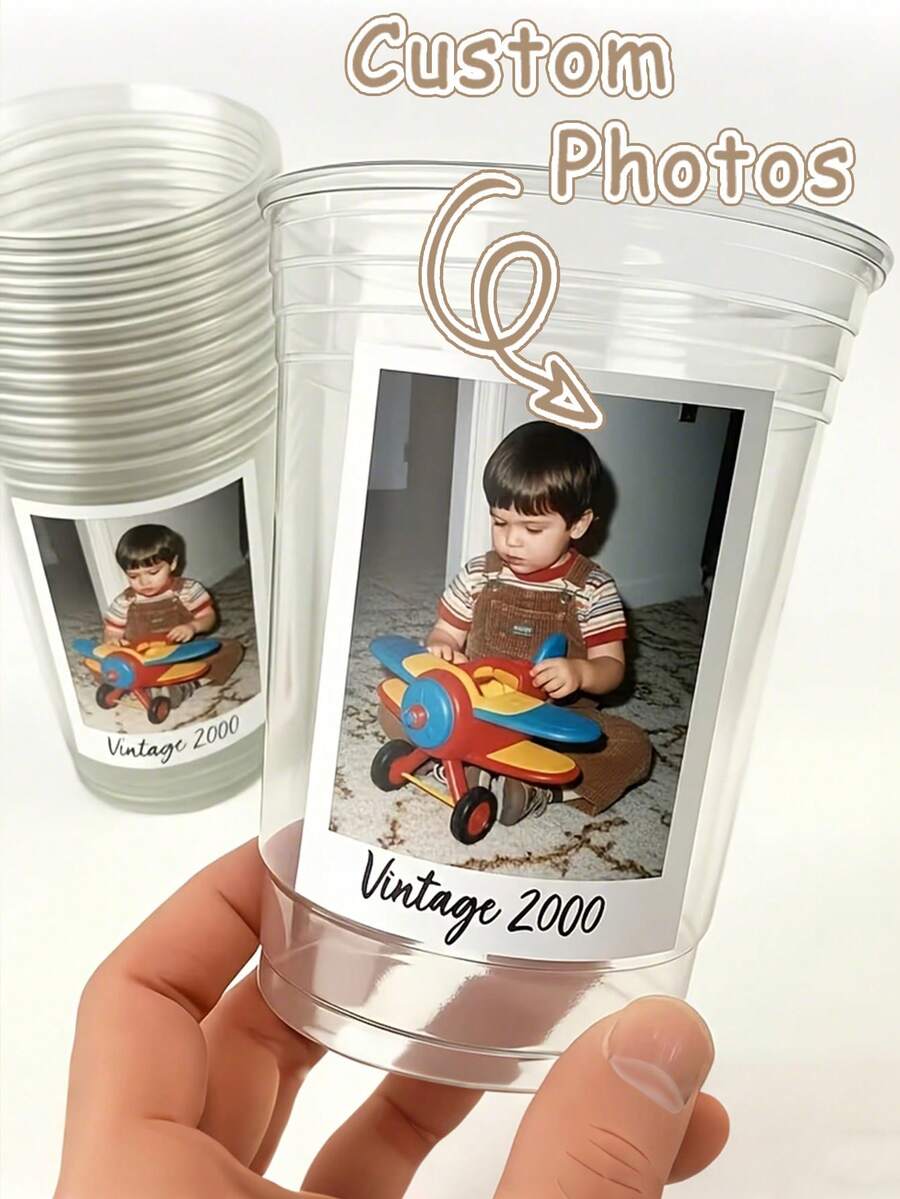 Customized Photo & Text Party Stickers, High-Quality Self-Adhesive Material, Personalized Plastic Cups With Vintage Year Photo Sticker Labels. Perfect For Party Events And Birthday Decoration Uses. - Multicolor - View 1