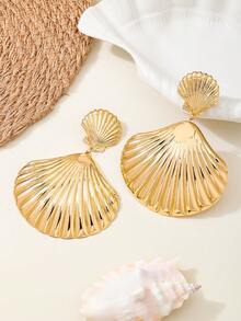 1 Pair Ocean Vacation Style Exaggerated Metal Shell (Large And Small) Stud Earrings, Suitable For Parties, Dinners, Summer Outfits And Photoshoots, Can Make The Face Look Slimmer - Yellow Gold - View 3