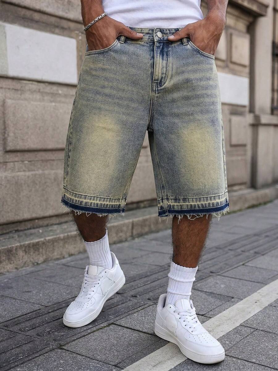 Mud Yellow Washed Straight-Leg Cropped Jeans, With Frayed Hem Design, Featuring Distressed And Faded Effect, Vintage Casual Shorts - 芥末黃 - 查看 1